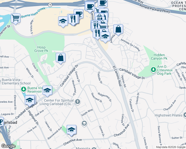 map of restaurants, bars, coffee shops, grocery stores, and more near 3115 Afton Way in Carlsbad