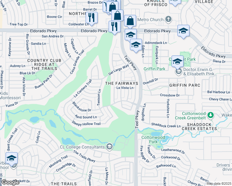 map of restaurants, bars, coffee shops, grocery stores, and more near 11290 Balcones Drive in Frisco