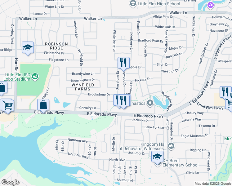 map of restaurants, bars, coffee shops, grocery stores, and more near 1637 Brookstone Drive in Little Elm
