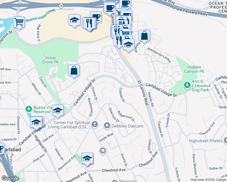 map of restaurants, bars, coffee shops, grocery stores, and more near 3115 Afton Way in Carlsbad