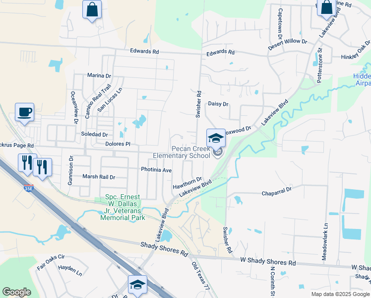 map of restaurants, bars, coffee shops, grocery stores, and more near 6289 Pockrus Page Road in Denton