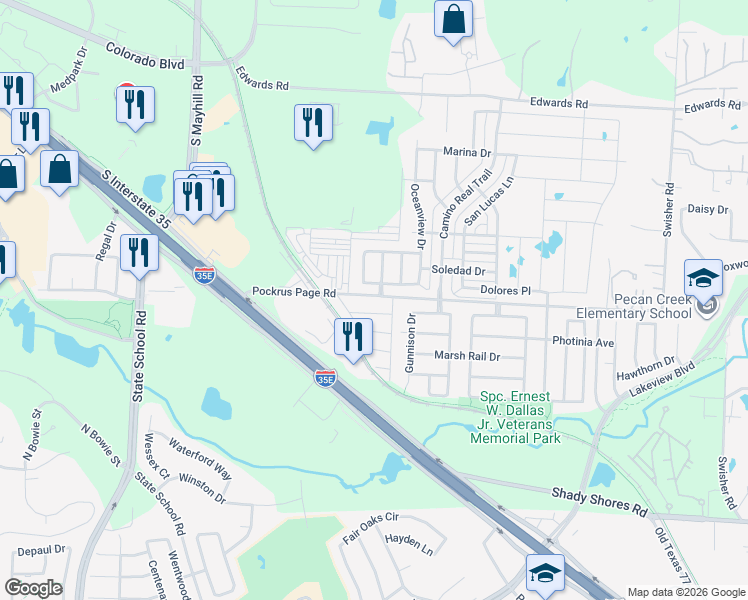 map of restaurants, bars, coffee shops, grocery stores, and more near 5100 Pebble Beach Tr in Denton