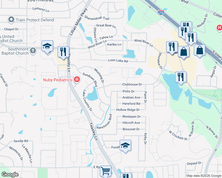 map of restaurants, bars, coffee shops, grocery stores, and more near 2501 Pinto Drive in Denton