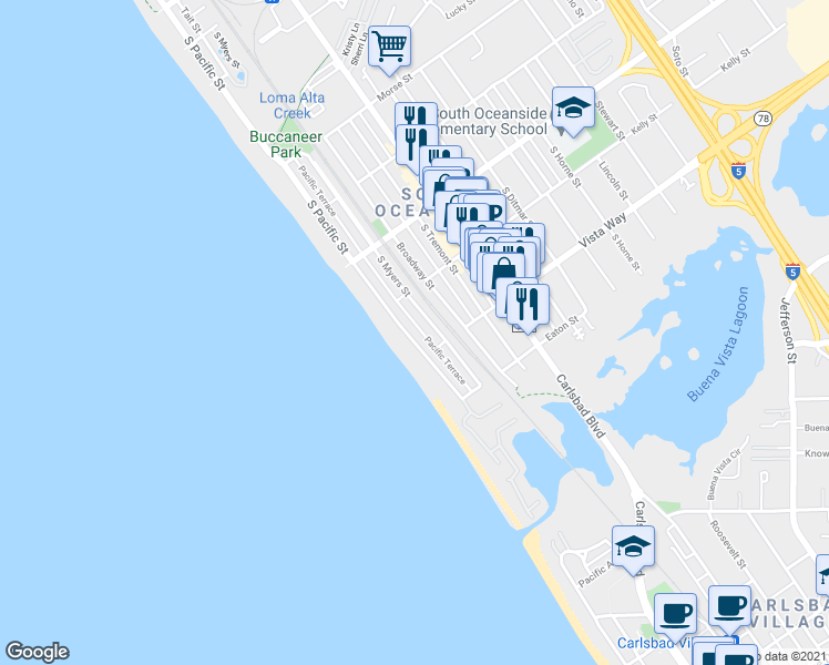 map of restaurants, bars, coffee shops, grocery stores, and more near 1926 South Pacific Street in Oceanside