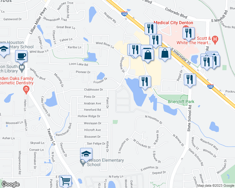 map of restaurants, bars, coffee shops, grocery stores, and more near 2900 Siena Drive in Denton