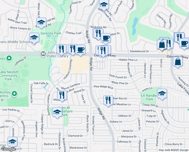 map of restaurants, bars, coffee shops, grocery stores, and more near 6253 Dark Forest Drive in McKinney