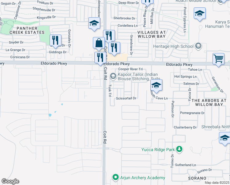 map of restaurants, bars, coffee shops, grocery stores, and more near 11317 Blackwater Creek Trail in Frisco