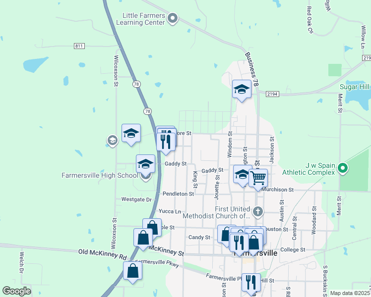map of restaurants, bars, coffee shops, grocery stores, and more near 512 Waterford Street in Farmersville