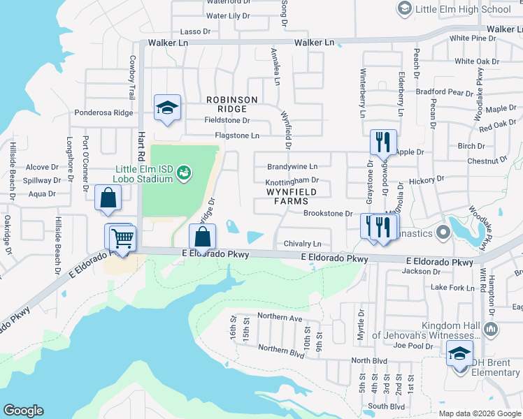 map of restaurants, bars, coffee shops, grocery stores, and more near 1416 Ridgecrest Drive in Little Elm