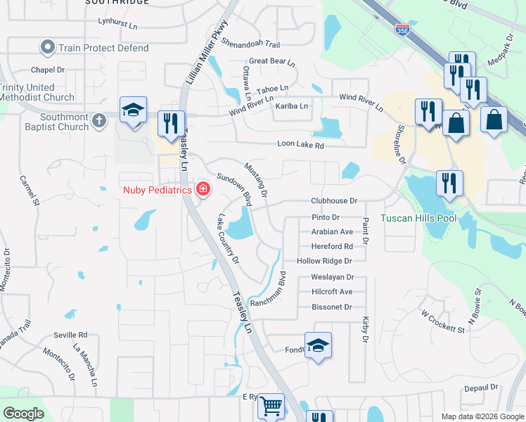 map of restaurants, bars, coffee shops, grocery stores, and more near 3500 Mustang Dr in Denton