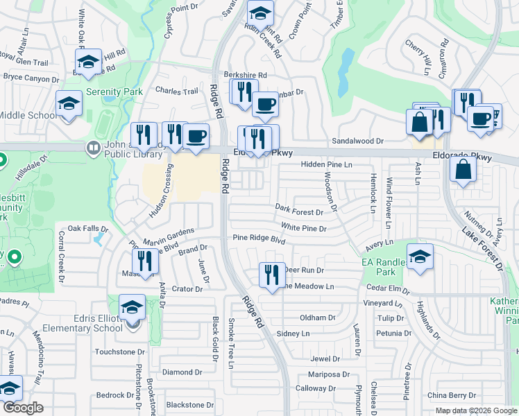 map of restaurants, bars, coffee shops, grocery stores, and more near 6221 Dark Forest Drive in McKinney
