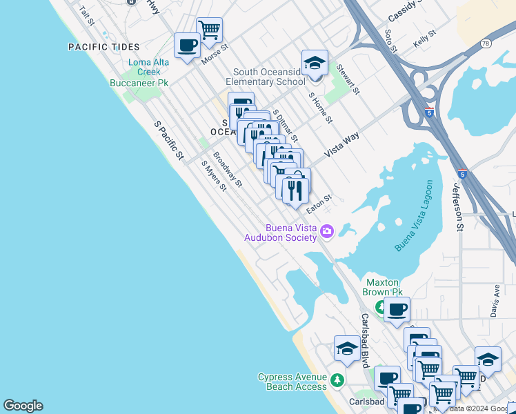 map of restaurants, bars, coffee shops, grocery stores, and more near 2010 Broadway Street in Oceanside