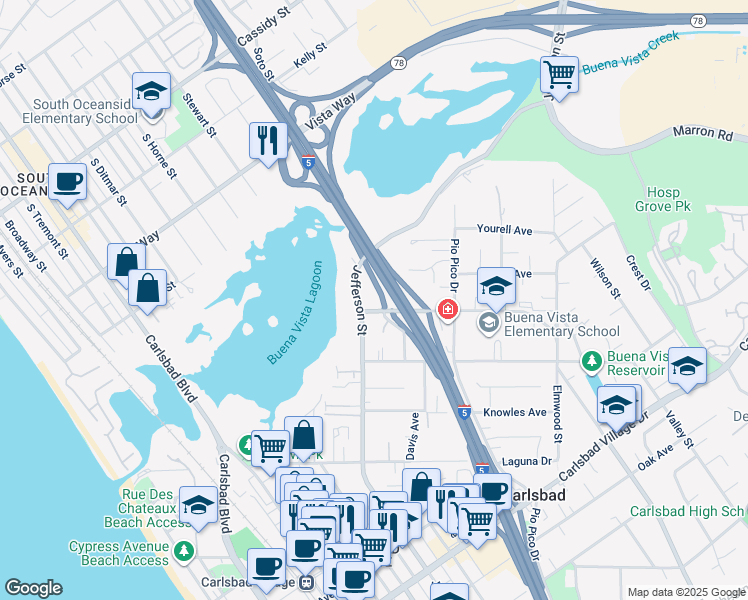 map of restaurants, bars, coffee shops, grocery stores, and more near 1108 Las Flores Drive in Carlsbad