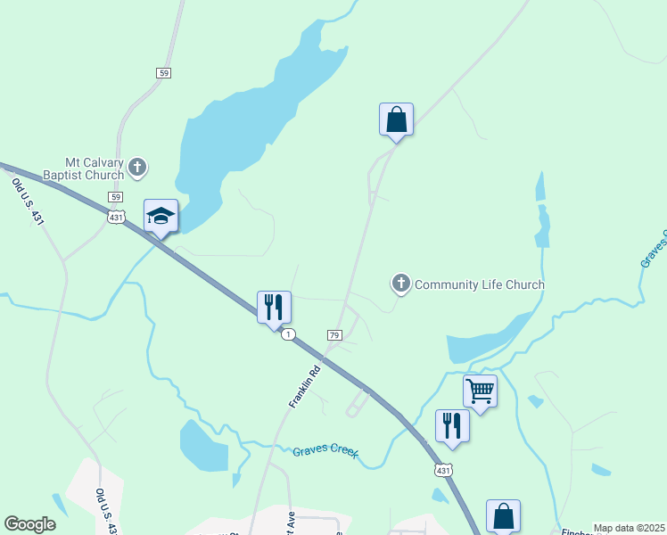 map of restaurants, bars, coffee shops, grocery stores, and more near 241 County Road 79 in Roanoke