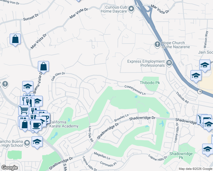 map of restaurants, bars, coffee shops, grocery stores, and more near 1910 Vineyard Avenue in Vista
