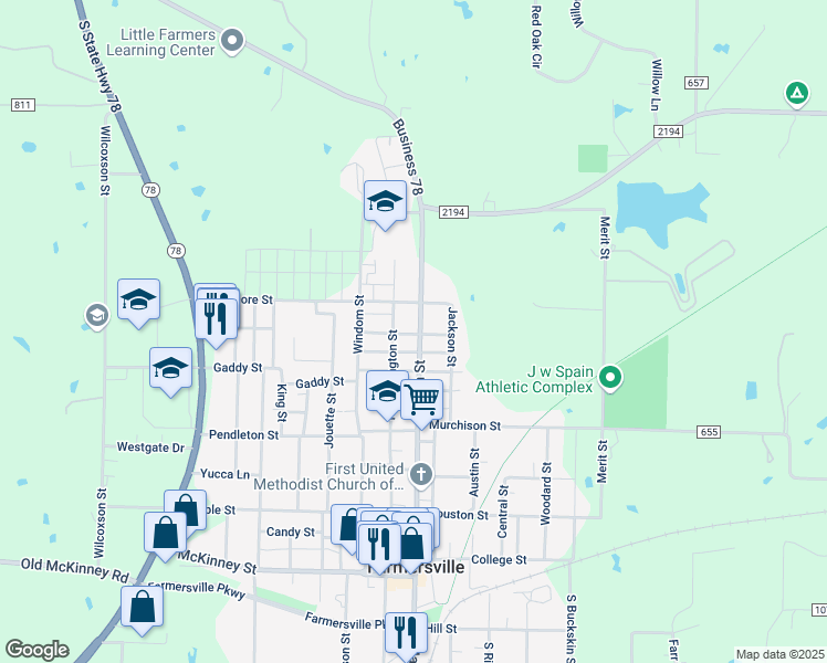 map of restaurants, bars, coffee shops, grocery stores, and more near 601 North Main Street in Farmersville