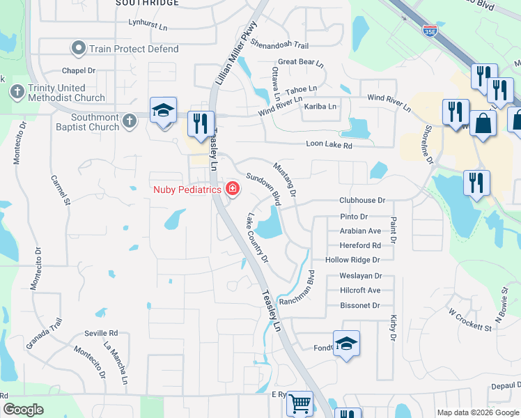 map of restaurants, bars, coffee shops, grocery stores, and more near 2201 Lakeside Court in Denton