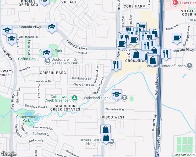 map of restaurants, bars, coffee shops, grocery stores, and more near 4363 Bal Harbour Lane in Frisco