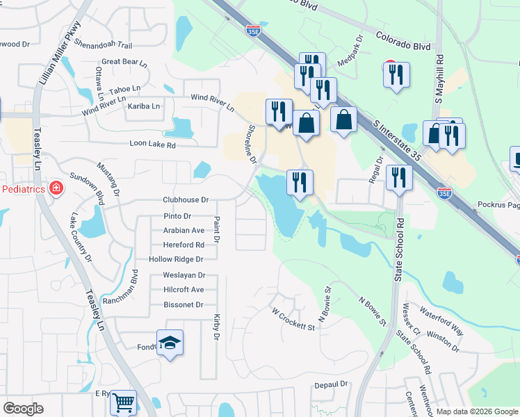 map of restaurants, bars, coffee shops, grocery stores, and more near 3653 Tuscan Hills Circle in Denton