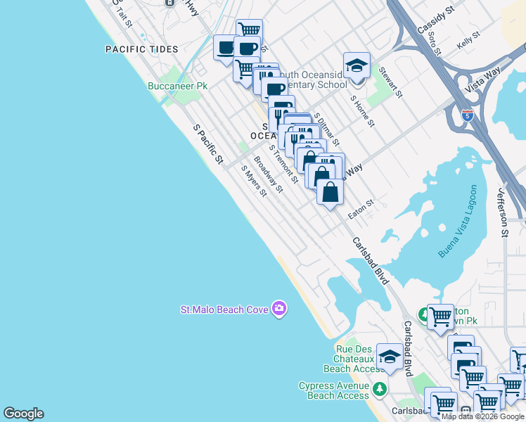 map of restaurants, bars, coffee shops, grocery stores, and more near 1922 South Pacific Street in Oceanside