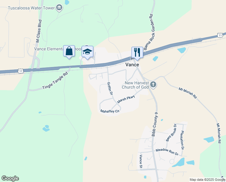 map of restaurants, bars, coffee shops, grocery stores, and more near 10964 Griffin Drive in Vance
