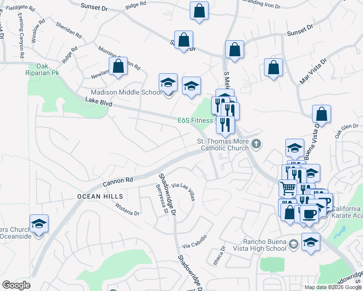 map of restaurants, bars, coffee shops, grocery stores, and more near 4982 Lassen Drive in Oceanside