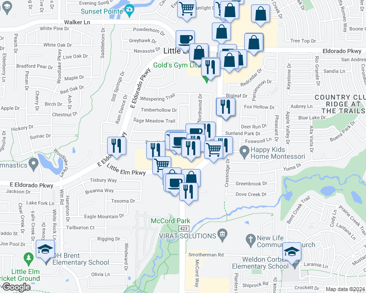 map of restaurants, bars, coffee shops, grocery stores, and more near 2696 Deer Hollow Drive in Little Elm