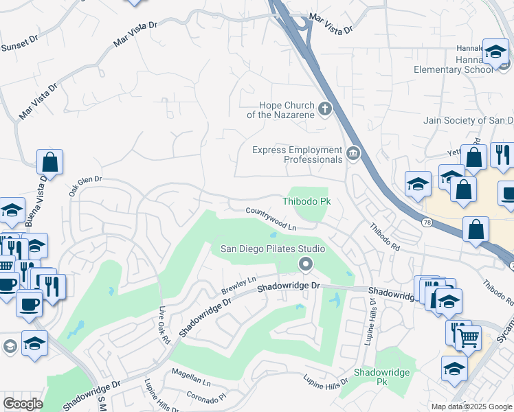 map of restaurants, bars, coffee shops, grocery stores, and more near 1202 Countrywood Lane in Vista