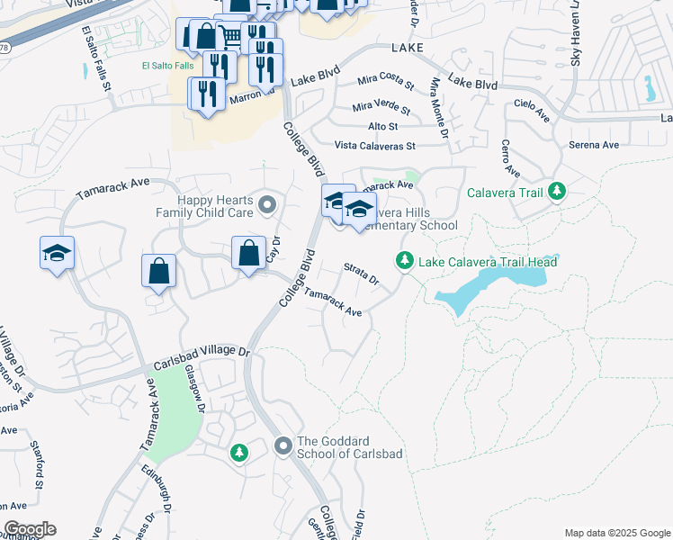 map of restaurants, bars, coffee shops, grocery stores, and more near 3670 Strata Drive in Carlsbad