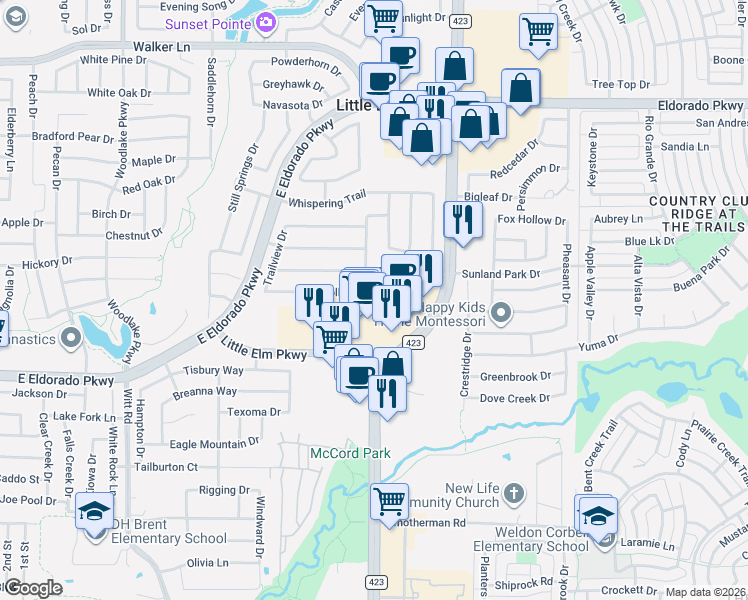 map of restaurants, bars, coffee shops, grocery stores, and more near 2696 Deer Hollow Drive in Little Elm