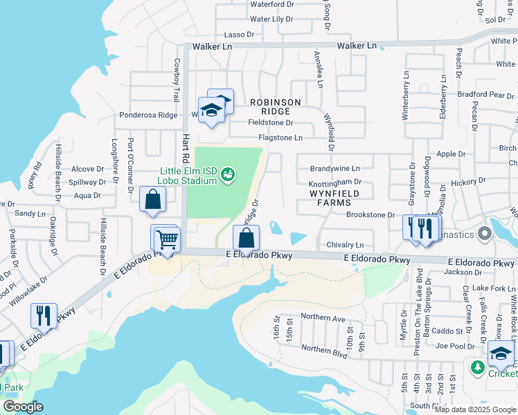 map of restaurants, bars, coffee shops, grocery stores, and more near 238 Castleridge Drive in Little Elm