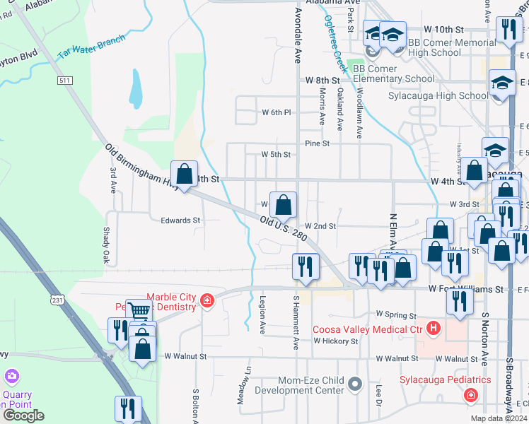 map of restaurants, bars, coffee shops, grocery stores, and more near 213 Smith Avenue in Sylacauga