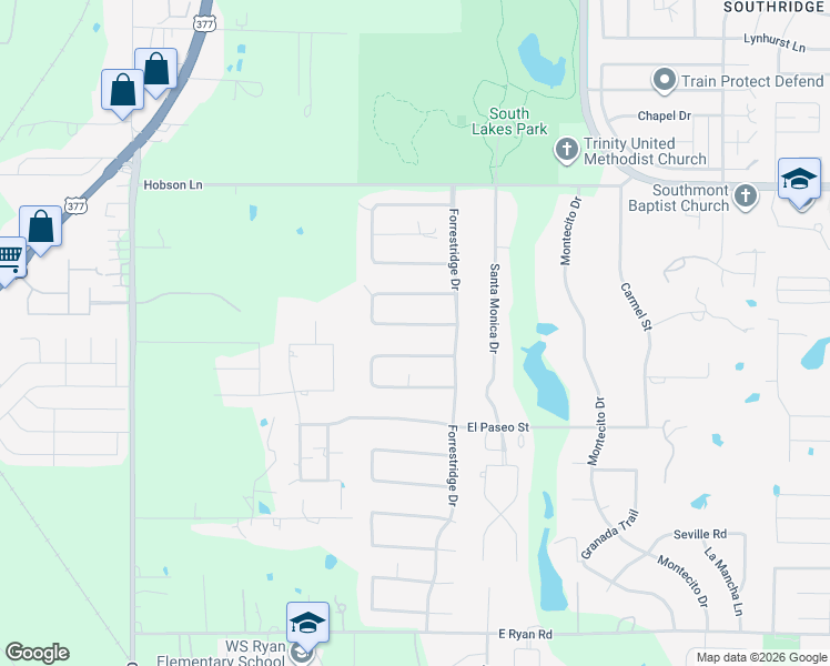 map of restaurants, bars, coffee shops, grocery stores, and more near 34 Timbergreen Cir in Denton