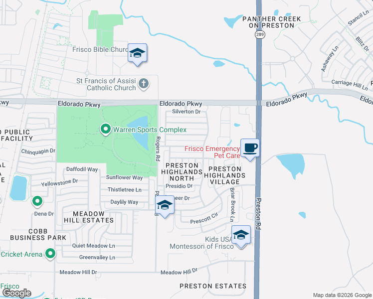map of restaurants, bars, coffee shops, grocery stores, and more near 8310 Indianola Drive in Frisco