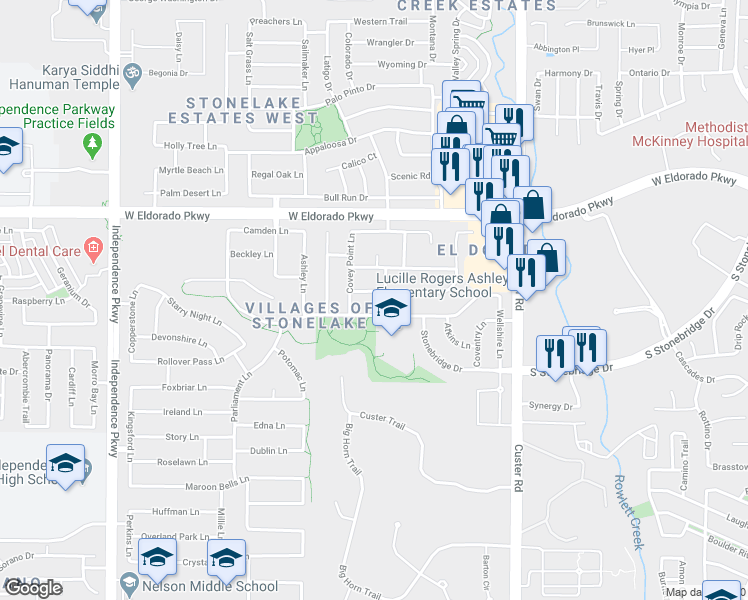 map of restaurants, bars, coffee shops, grocery stores, and more near 15481 Fox Meadow Lane in Frisco