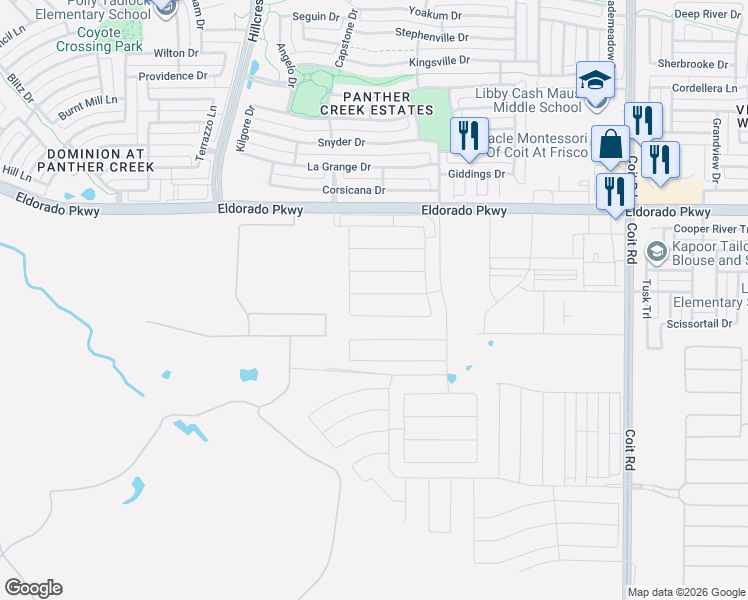 map of restaurants, bars, coffee shops, grocery stores, and more near Eldorado Parkway in Frisco