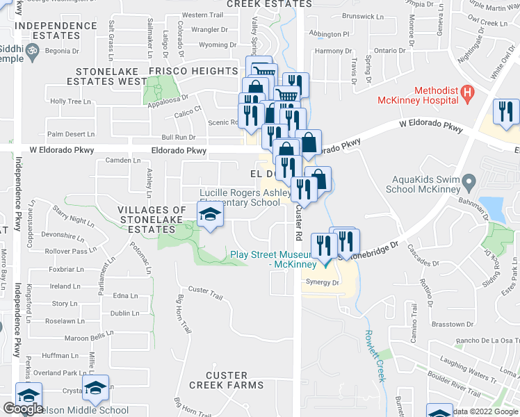 map of restaurants, bars, coffee shops, grocery stores, and more near 15867 Christopher Lane in Frisco