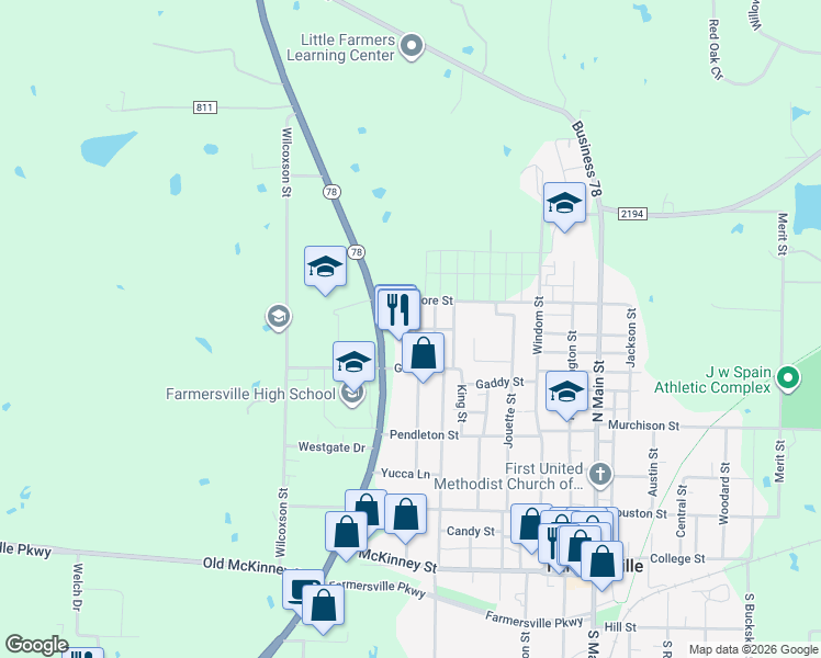 map of restaurants, bars, coffee shops, grocery stores, and more near 604 Texas 78 in Farmersville