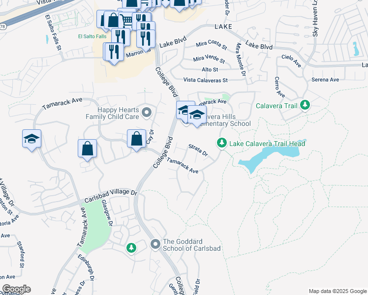 map of restaurants, bars, coffee shops, grocery stores, and more near 3670 Strata Drive in Carlsbad