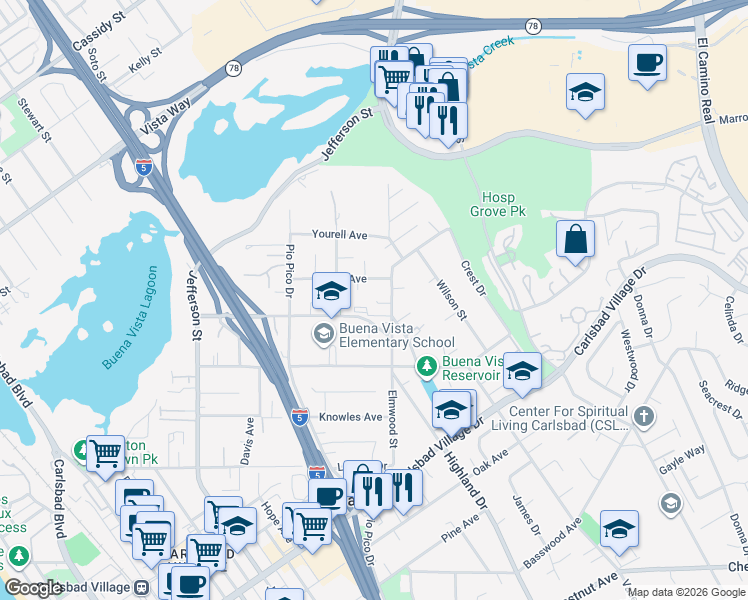 map of restaurants, bars, coffee shops, grocery stores, and more near 2645 Highland Drive in Carlsbad