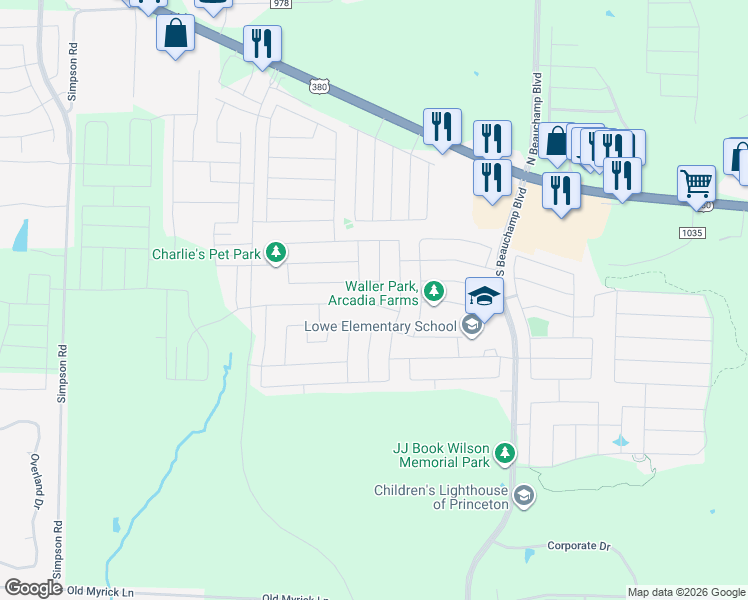 map of restaurants, bars, coffee shops, grocery stores, and more near 1013 Mesquite Lane in Princeton