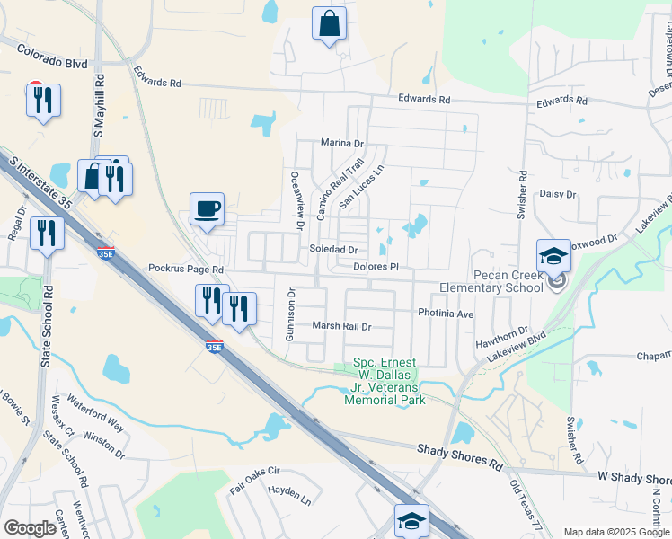 map of restaurants, bars, coffee shops, grocery stores, and more near 5400 Dolores Place in Denton