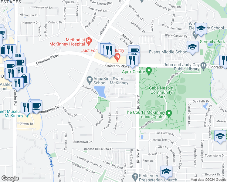 map of restaurants, bars, coffee shops, grocery stores, and more near 3208 Matisse Ln in McKinney