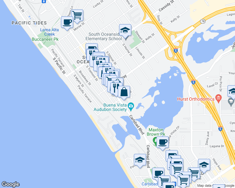map of restaurants, bars, coffee shops, grocery stores, and more near 2028 South Coast Highway in Oceanside