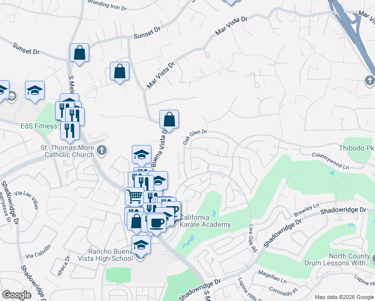 map of restaurants, bars, coffee shops, grocery stores, and more near 1588 Mallorca Drive in Vista