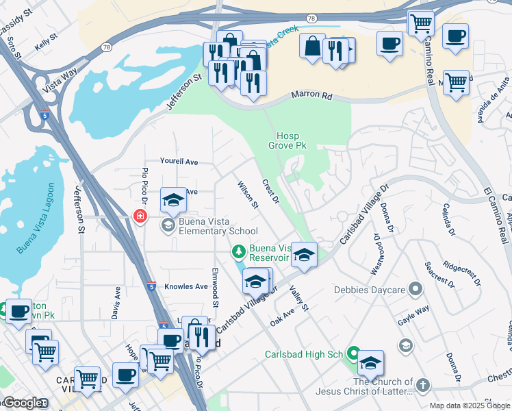 map of restaurants, bars, coffee shops, grocery stores, and more near 2735 Wilson Street in Carlsbad