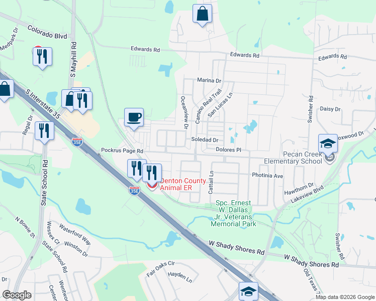 map of restaurants, bars, coffee shops, grocery stores, and more near 5817 Glenwood Drive in Denton