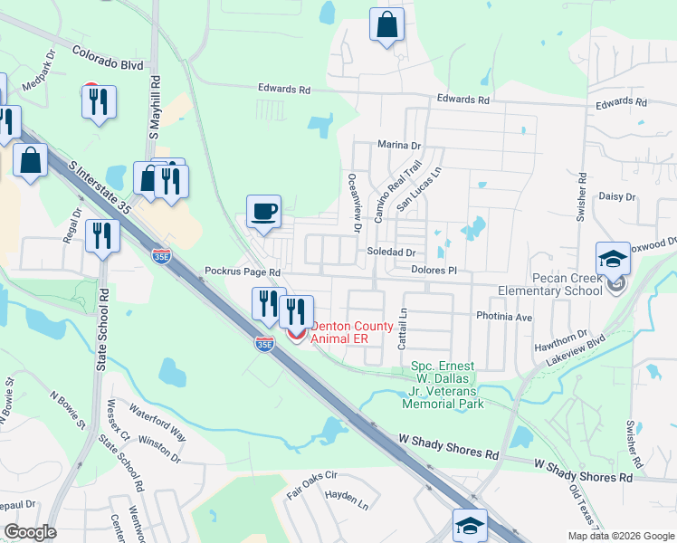 map of restaurants, bars, coffee shops, grocery stores, and more near 5100 Pebble Beach Tr in Denton