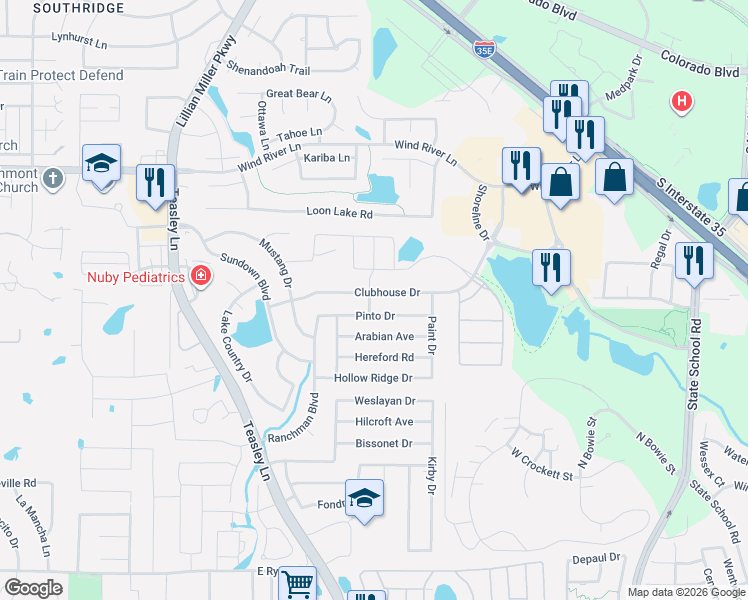 map of restaurants, bars, coffee shops, grocery stores, and more near 2709 Pinto Drive in Denton