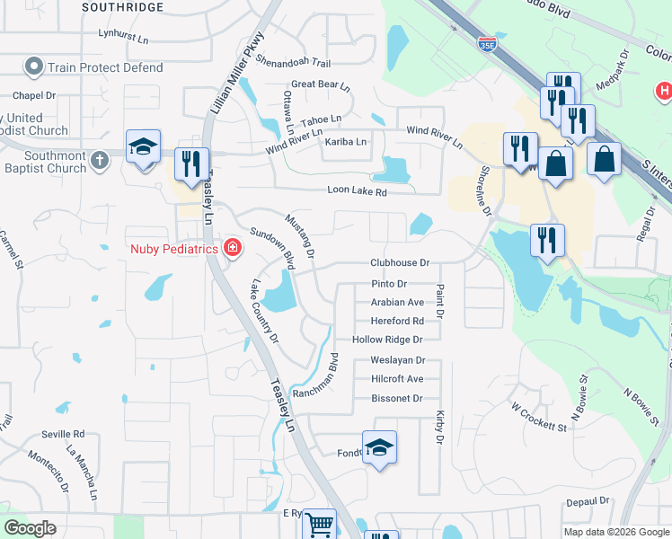 map of restaurants, bars, coffee shops, grocery stores, and more near 2501 Pinto Drive in Denton